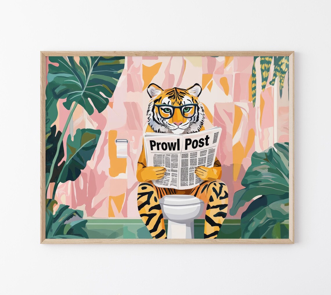 Blue Glasses Tiger Reading Prowl Post On Toilet Jungle Funny Poster