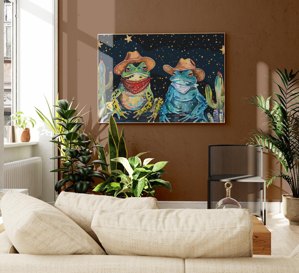 Cowboy Frogs Oil Painting Poster with Spotted Frogs and Stars - Image 2