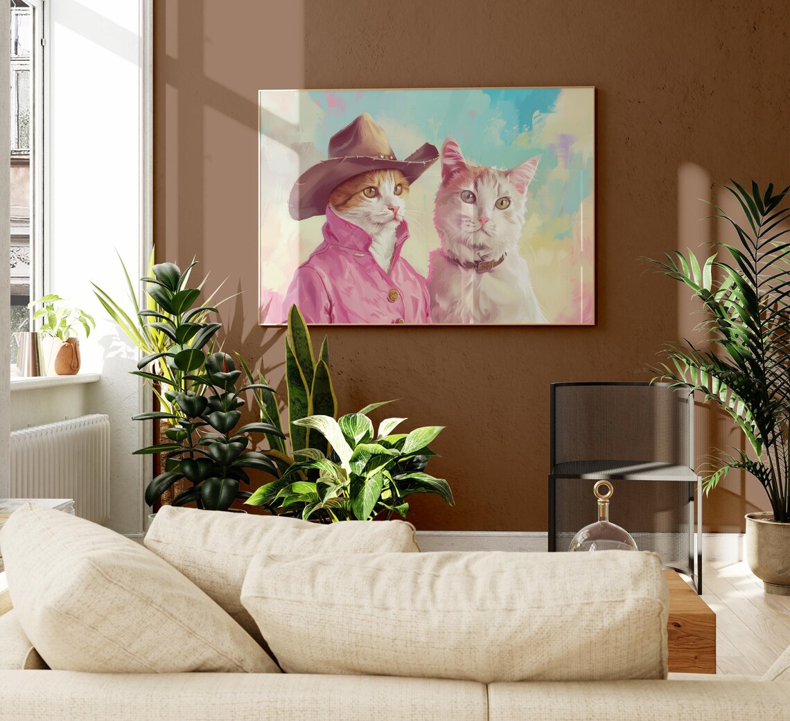 Cowboy Cats in Western Hats on a Pastel Sky Background Poster - Image 2