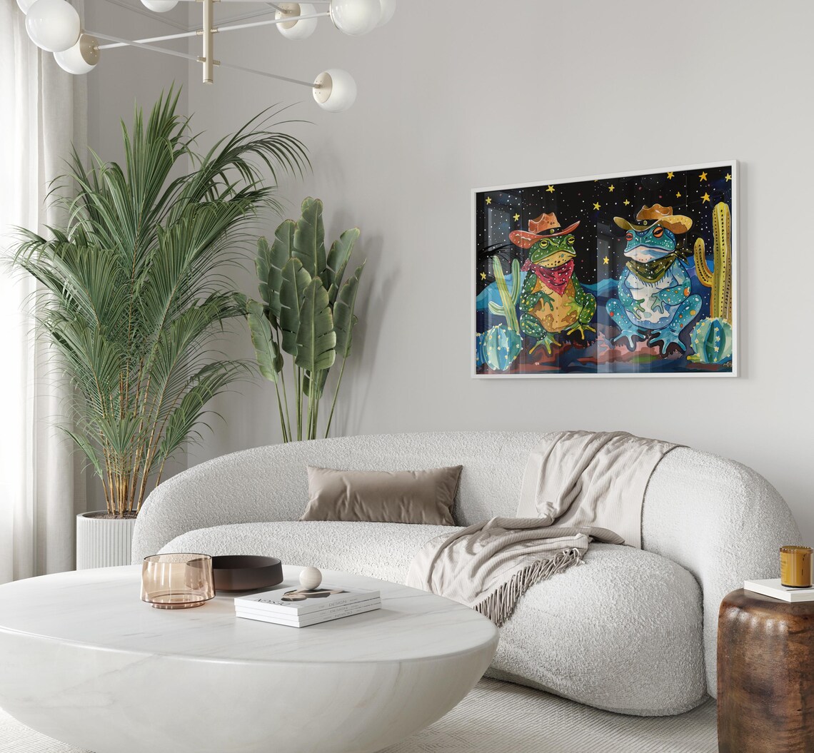 Cowboy Frogs Oil Painting Poster with Starry Desert Night Sky - Image 3