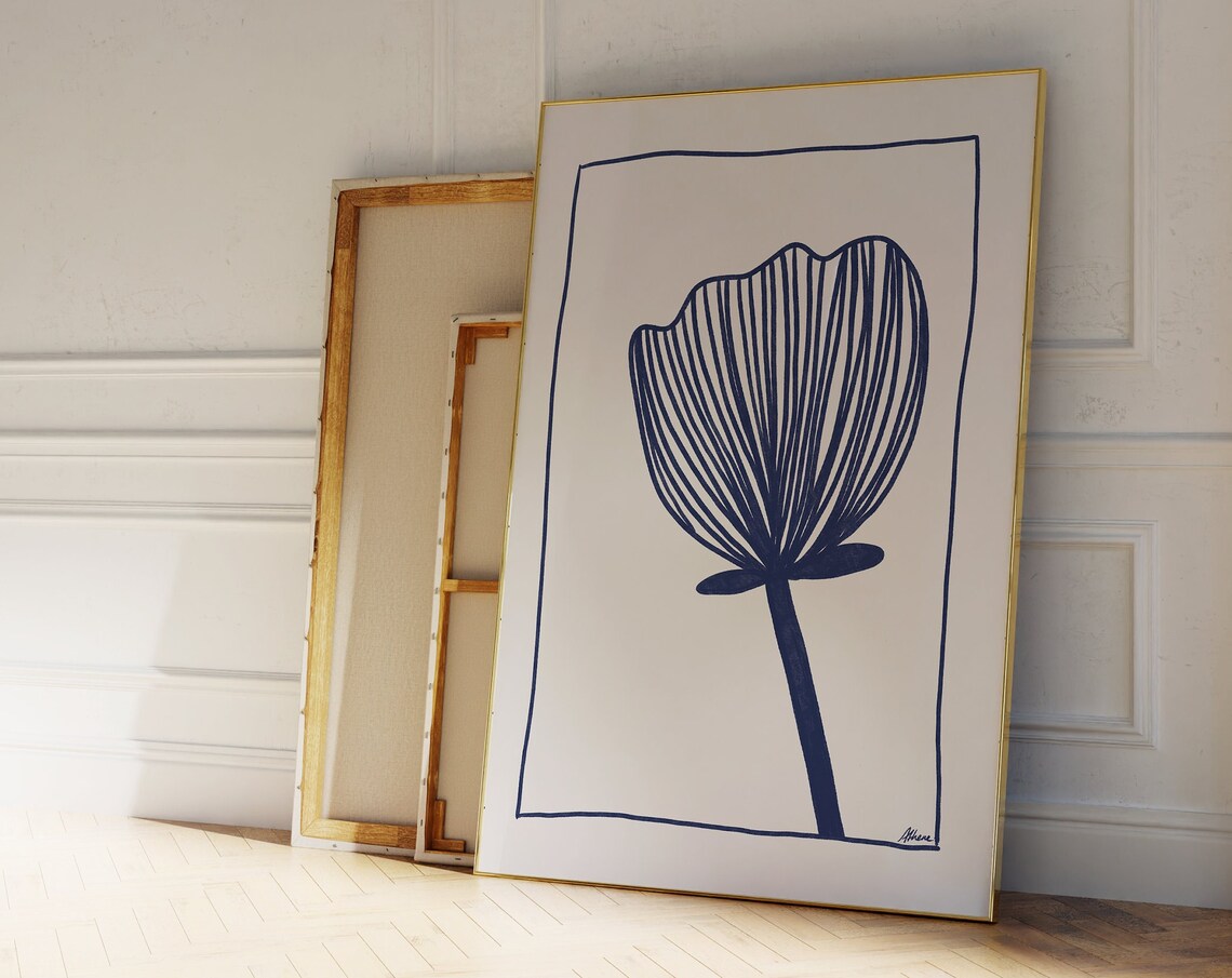 Blue Flower Poster Scandi Style Decor Illustration Abstract Wall Art Mid Century Navy Coastal