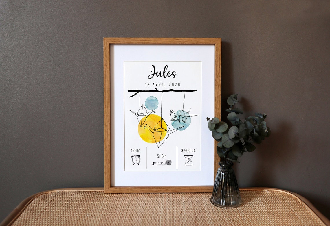Personalized Origami Crane Baby Birth Stats Nursery Keepsake Poster