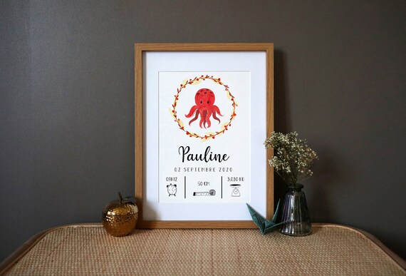 Personalised Birth Poster, Poulpe Watercolor Art Print