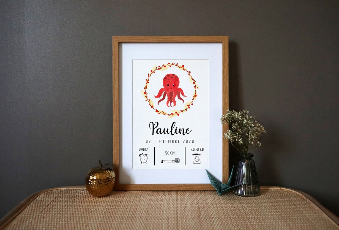 Personalised Birth Poster, Poulpe Watercolor Art Print
