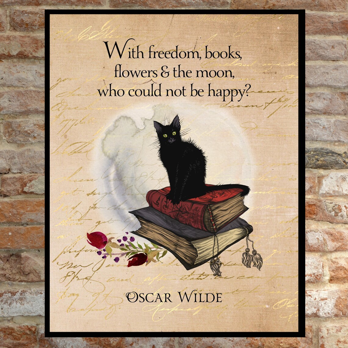 Oscar Wilde Quote Art Print, Books, Flowers and Moon