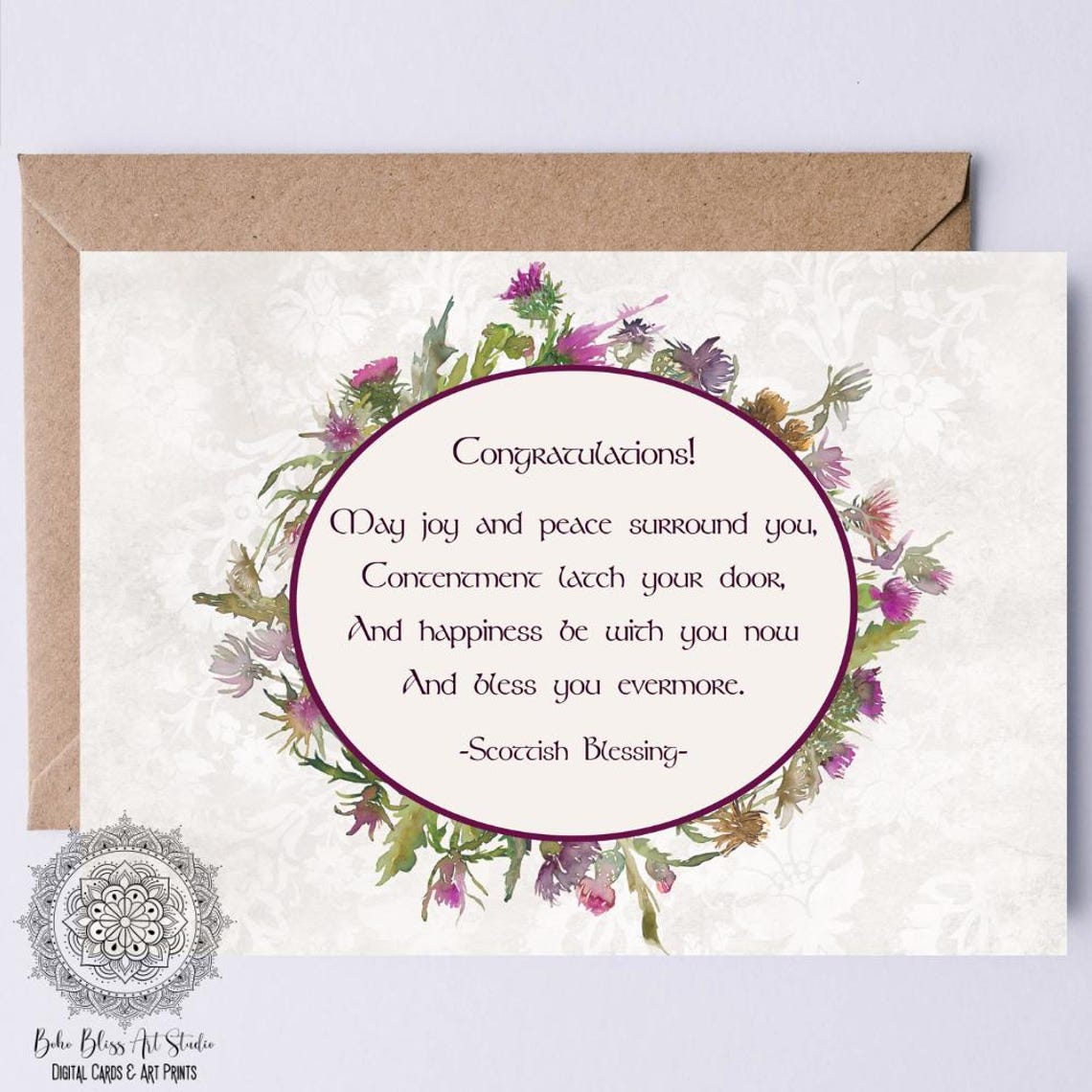 Scottish Blessing Congratulations Thistle Wreath Watercolor Art Print