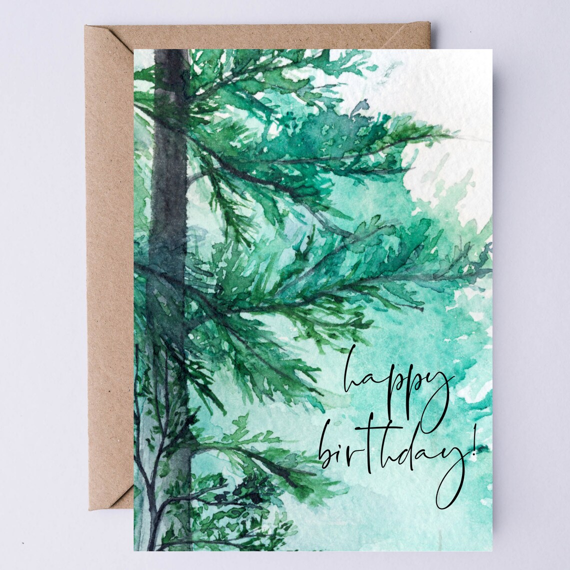 Happy Birthday Evergreen Watercolor Greeting Art Print