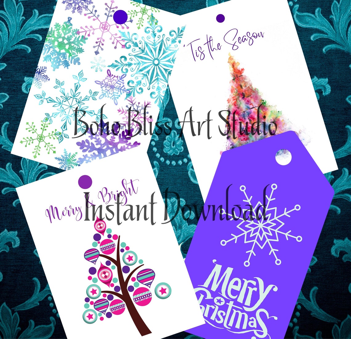 Merry Bright Snowflake Christmas Gift Tags Holiday Printable Tags