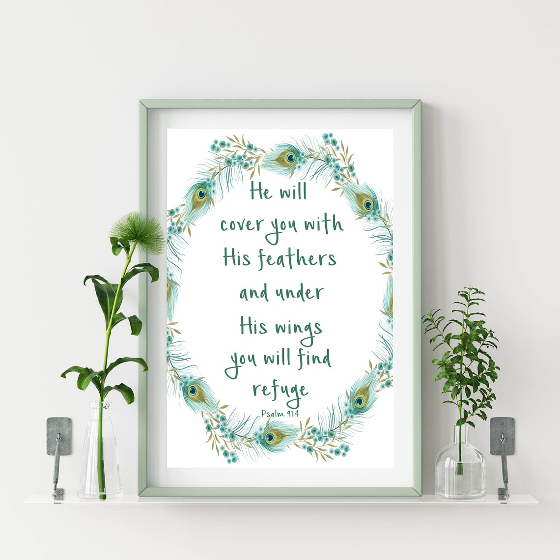 He Will Cover You With His Feathers Psalm 914 Scripture Print Bible Verse Art 5x7 8x10 11x14 16x20 Peacock Feathers Diy Decor - Image 2