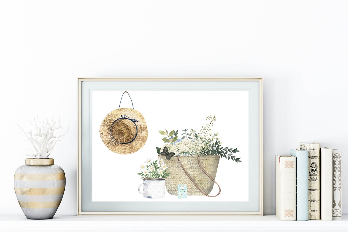 Straw Hat Market Tote Wildflowers Watercolor Garden Decor Poster - Image 8