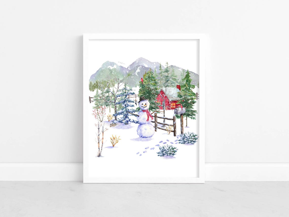 Winter Snowman Wall Art Woodland Snowman Sign 5x7 8x10 85x11 11x14 16x20 Seasonal Watercolor Country Decor Diy Home Decor - Image 2
