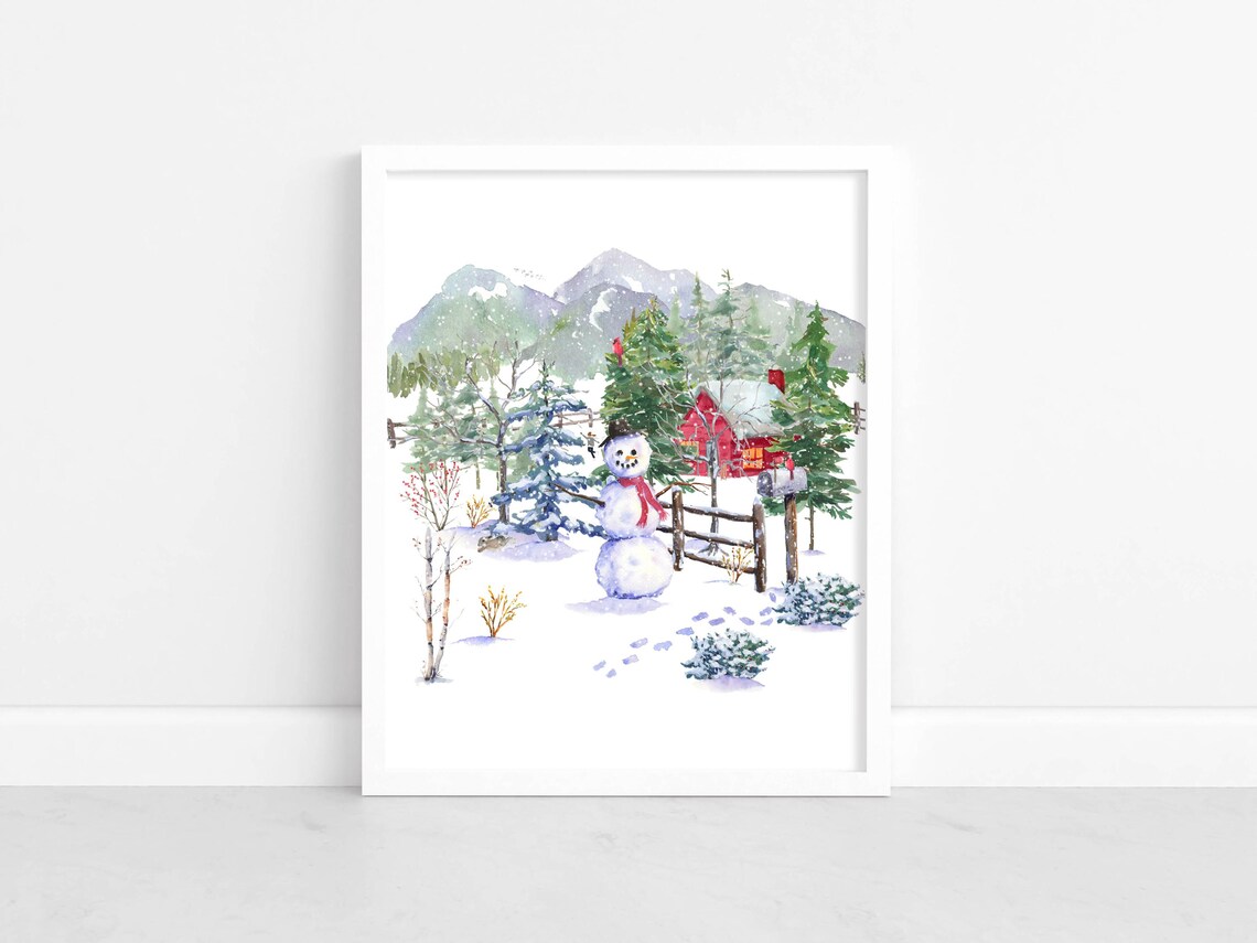 Winter Woodland Snowman Mountain Cabin Cardinal Watercolor Poster - Image 2
