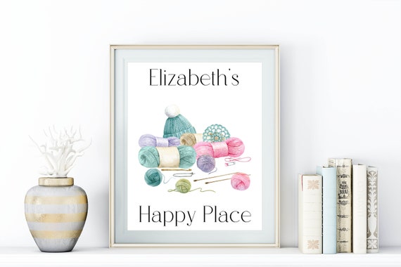 This Is My Happy Place Craft Room Art Knitting Crochet Yarn Print Watercolor Custom Name 5x7 8x10 11x14 16x20 Personalized Print