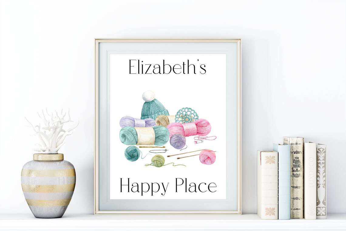 Personalized Knitting Happy Place Watercolor Yarn Sign Wall Art