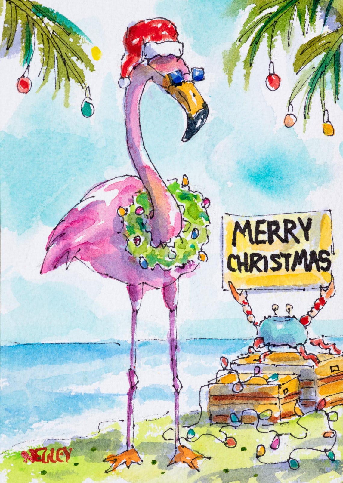 Flamingo in a Santa Hat Holding a Merry Christmas Crab Sign Poster