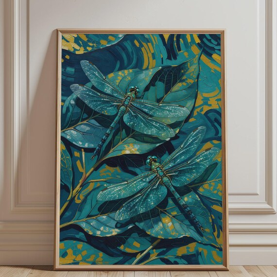 Teal Dragonfly Art Print Botanical Insect Wall Decor Gold Leaf Nature Poster