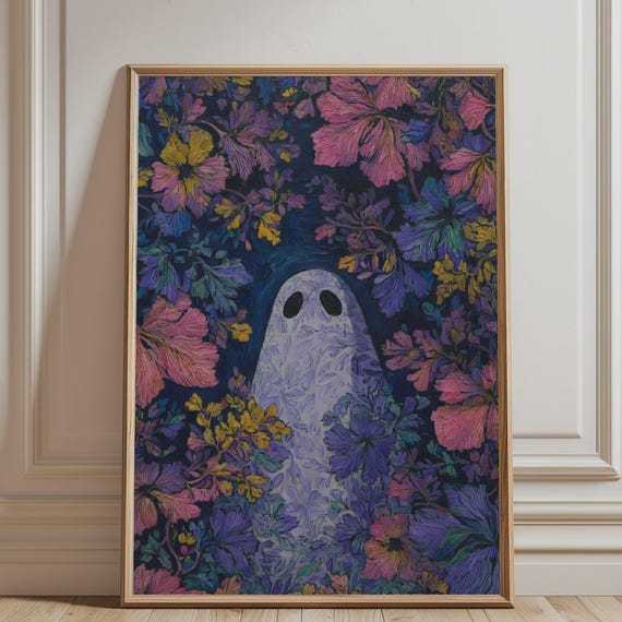 Whimsical Ghost In Midnight Floral Garden Wall Poster Colorful Botanical Halloween Art Print