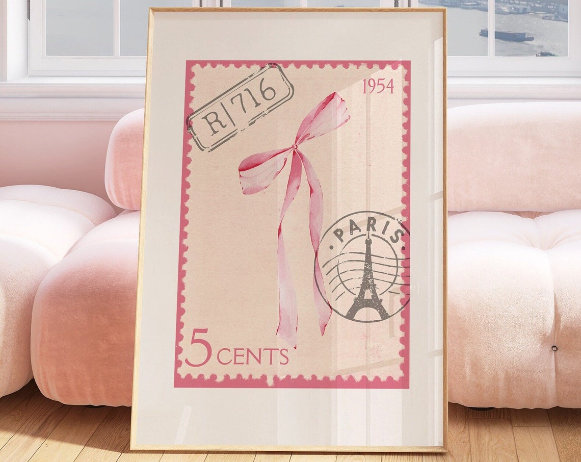 Vintage Paris 1954 Postage Stamp Design With Pink Bow Poster