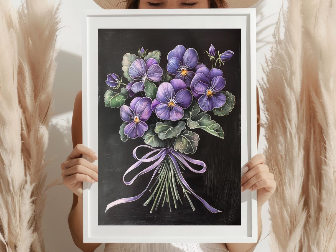 Purple Pansy Bouquet Chalkboard Floral Art Poster with Bow Ribbon