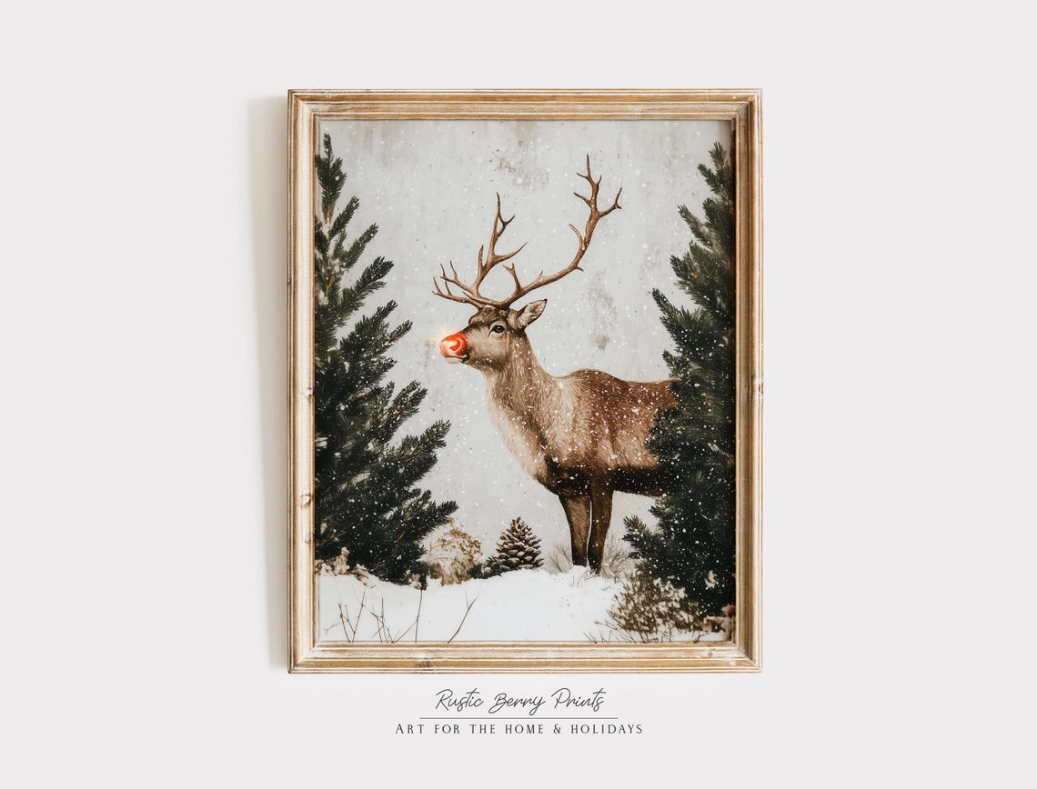 Majestic Red Nose Reindeer Profile Snowy Pine Trees Vintage Art Poster