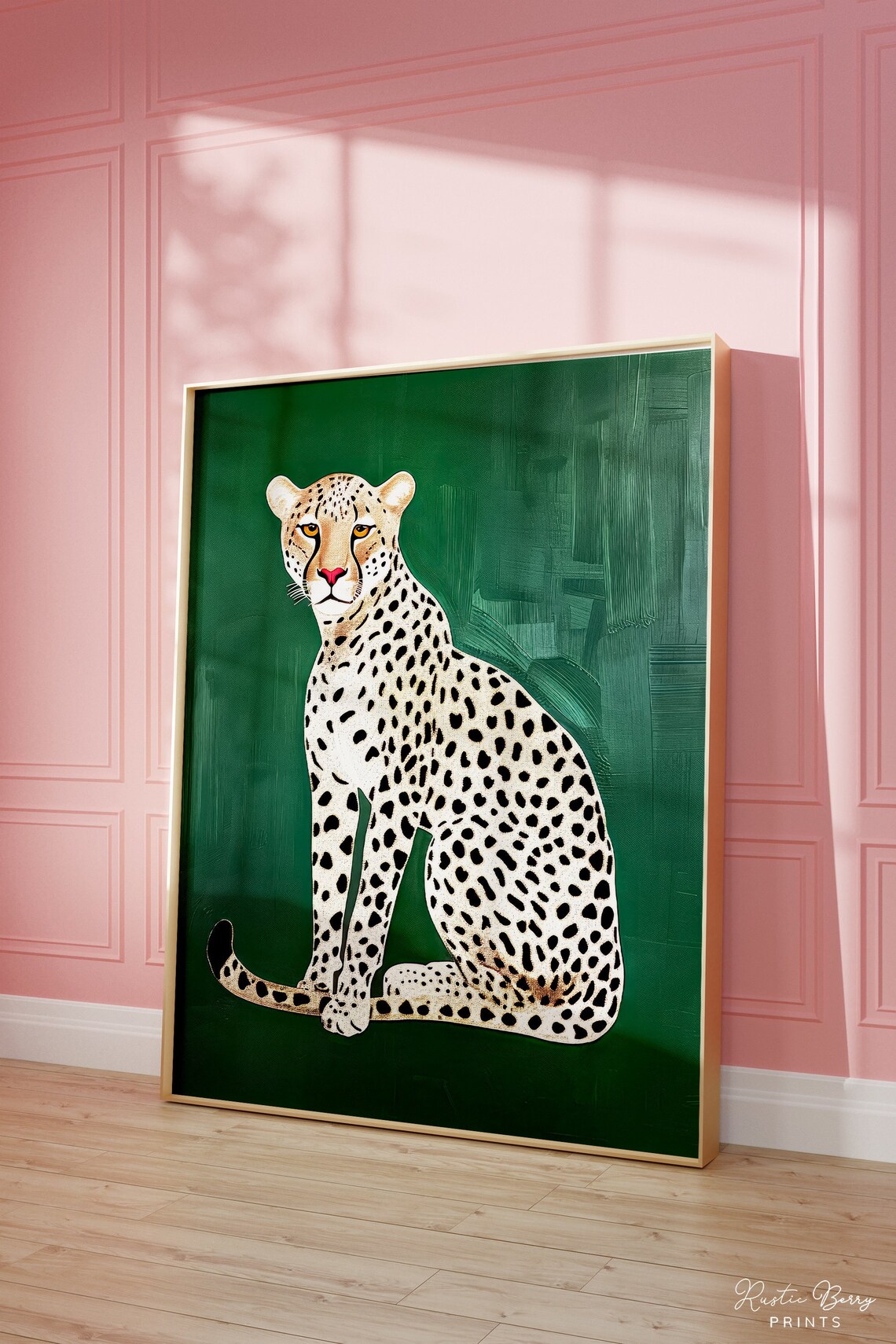 Elegant Cheetah Sitting Emerald Green Background Preppy Maximalist Poster