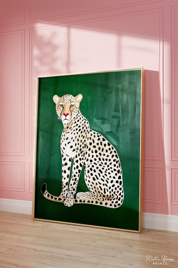Elegant Cheetah Sitting Emerald Green Background Preppy Maximalist Poster