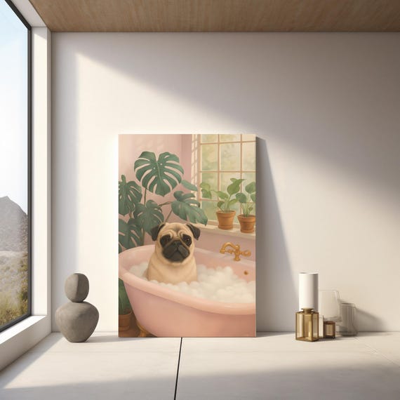 Funny Pug Art In Bathtub Print Modern Pet Wall Decor Instant