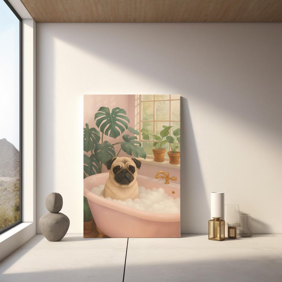 Pug in Pink Bathtub Bubble Bath Cute Funny Dog Bathroom Wall Poster