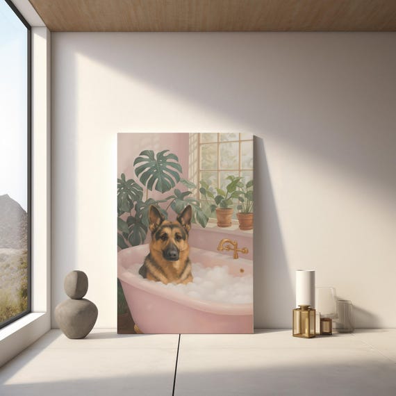 Funny German Shepherd Art In Bathtub Print Modern Pet Wall Decor Instant