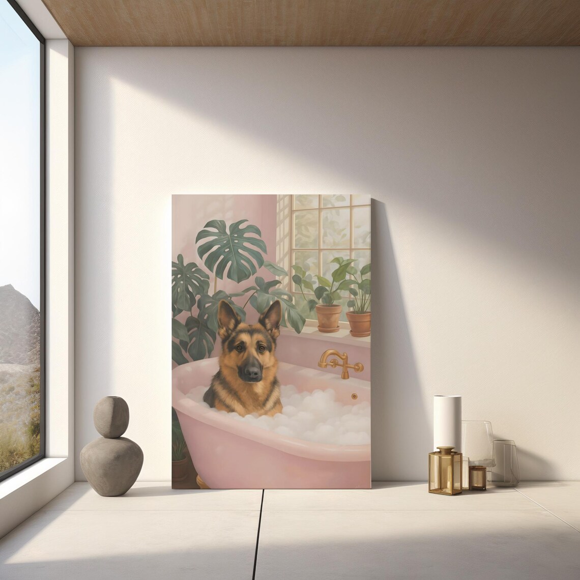 German Shepherd in Bubble Bath Cute Funny Pink Tub Dog Poster