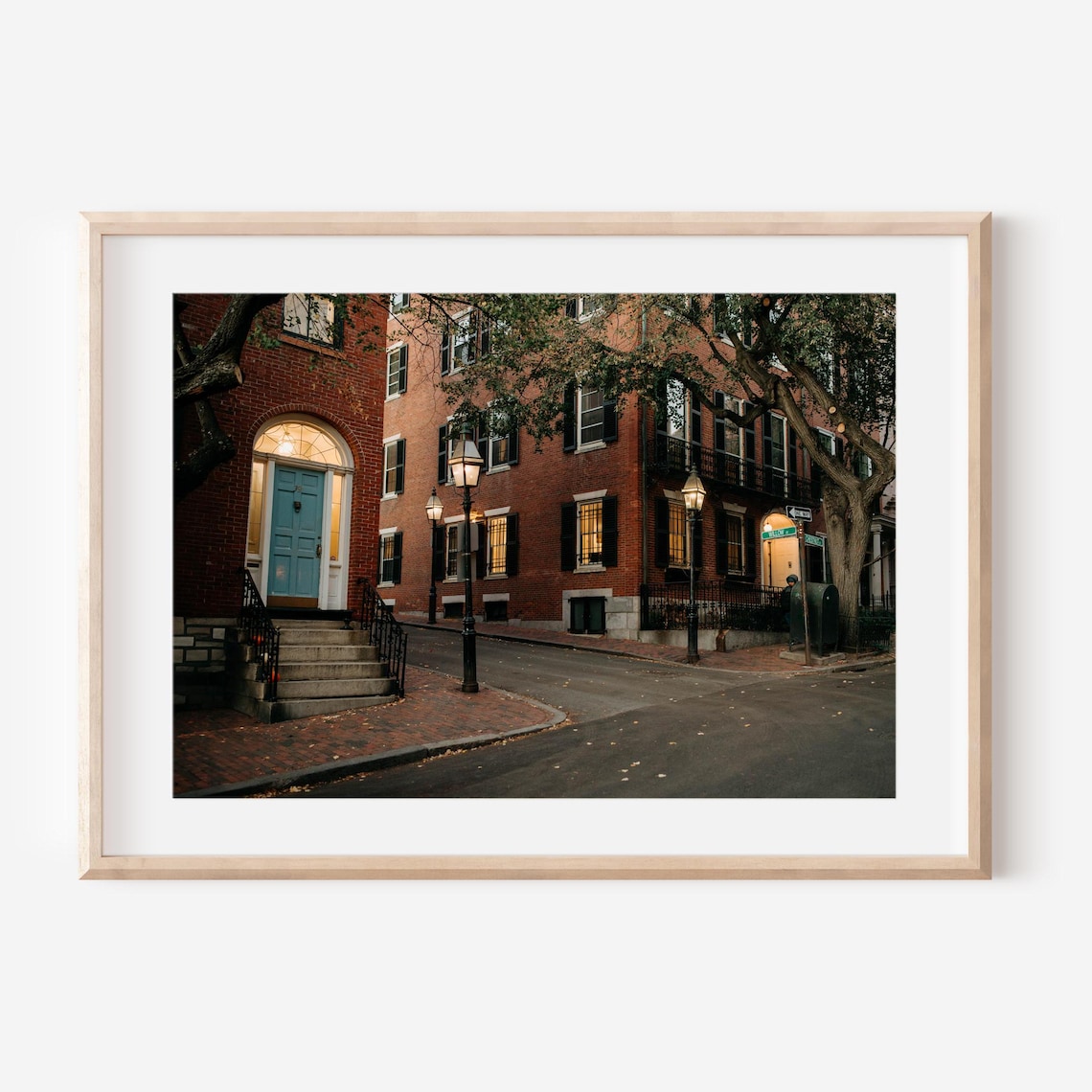 Historic Boston Corner Street Lit by Glowing Gas Lamps Poster