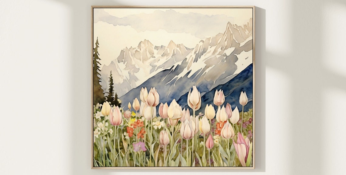 Alpine Tulips Blooming Before Snowy Mountain Peaks Watercolor Poster
