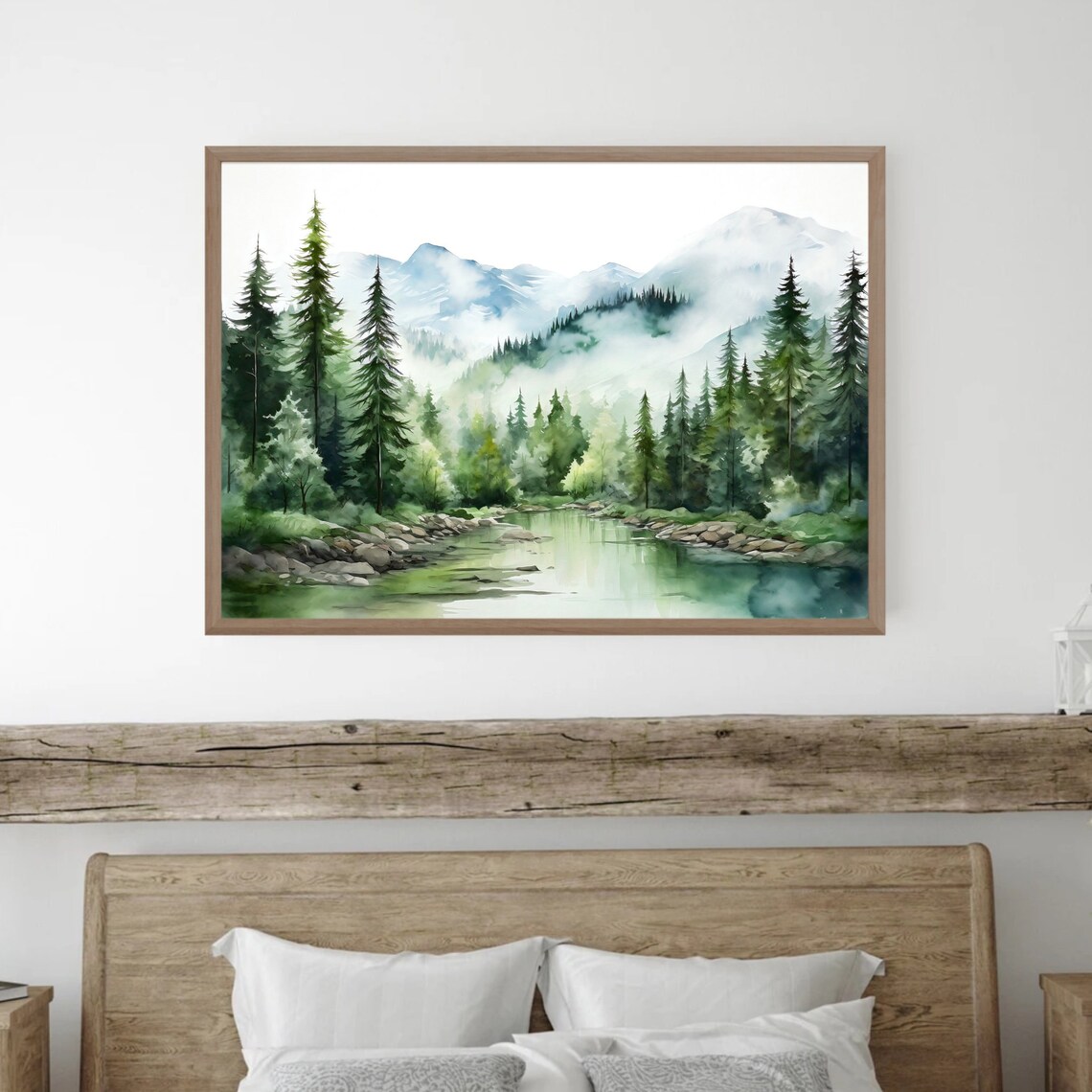 Misty Pine Forest with Mountain Stream Foggy Watercolor Poster - Image 2