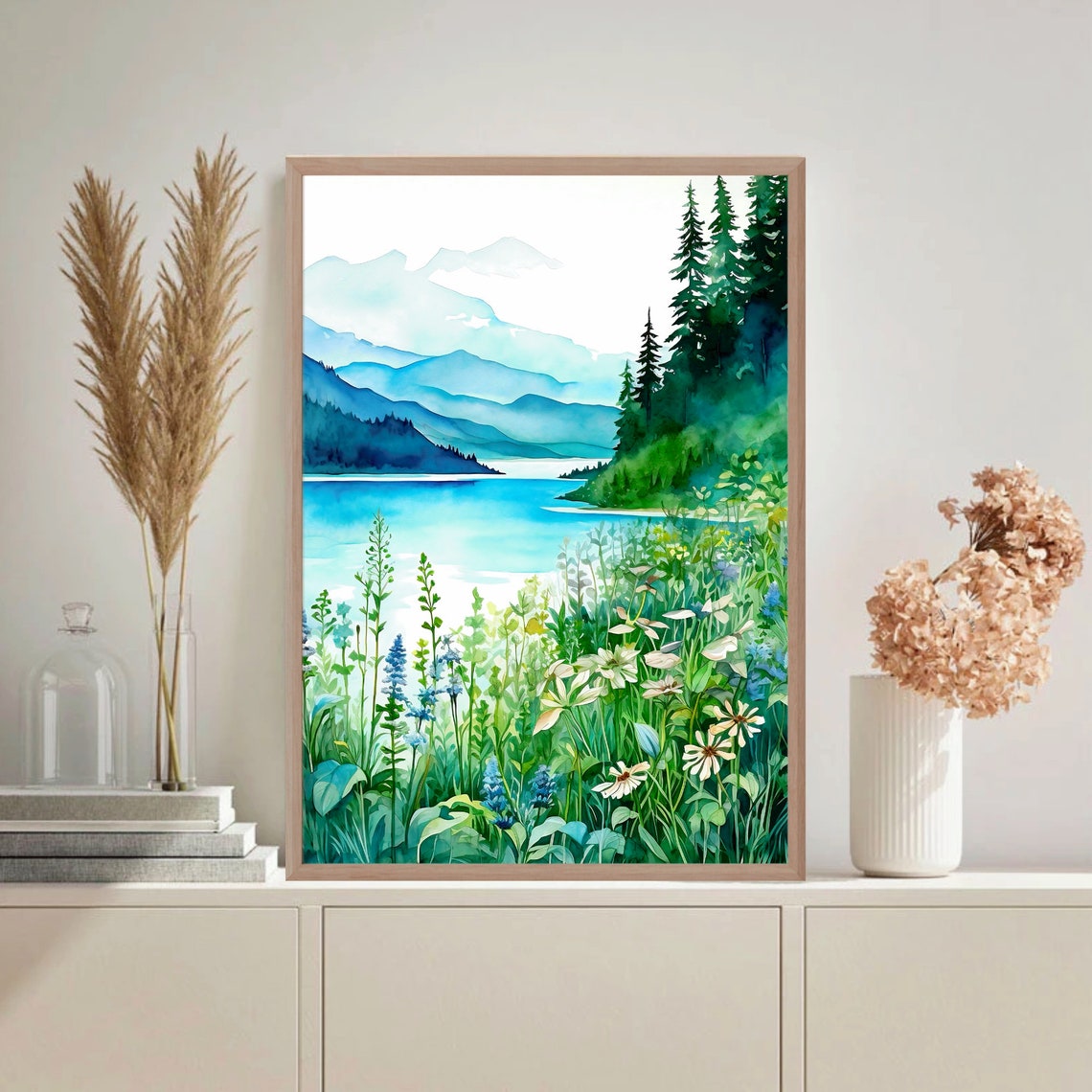 Mountain Lake Watercolor Wildflower Meadow Blue Peaks View Poster - Image 4