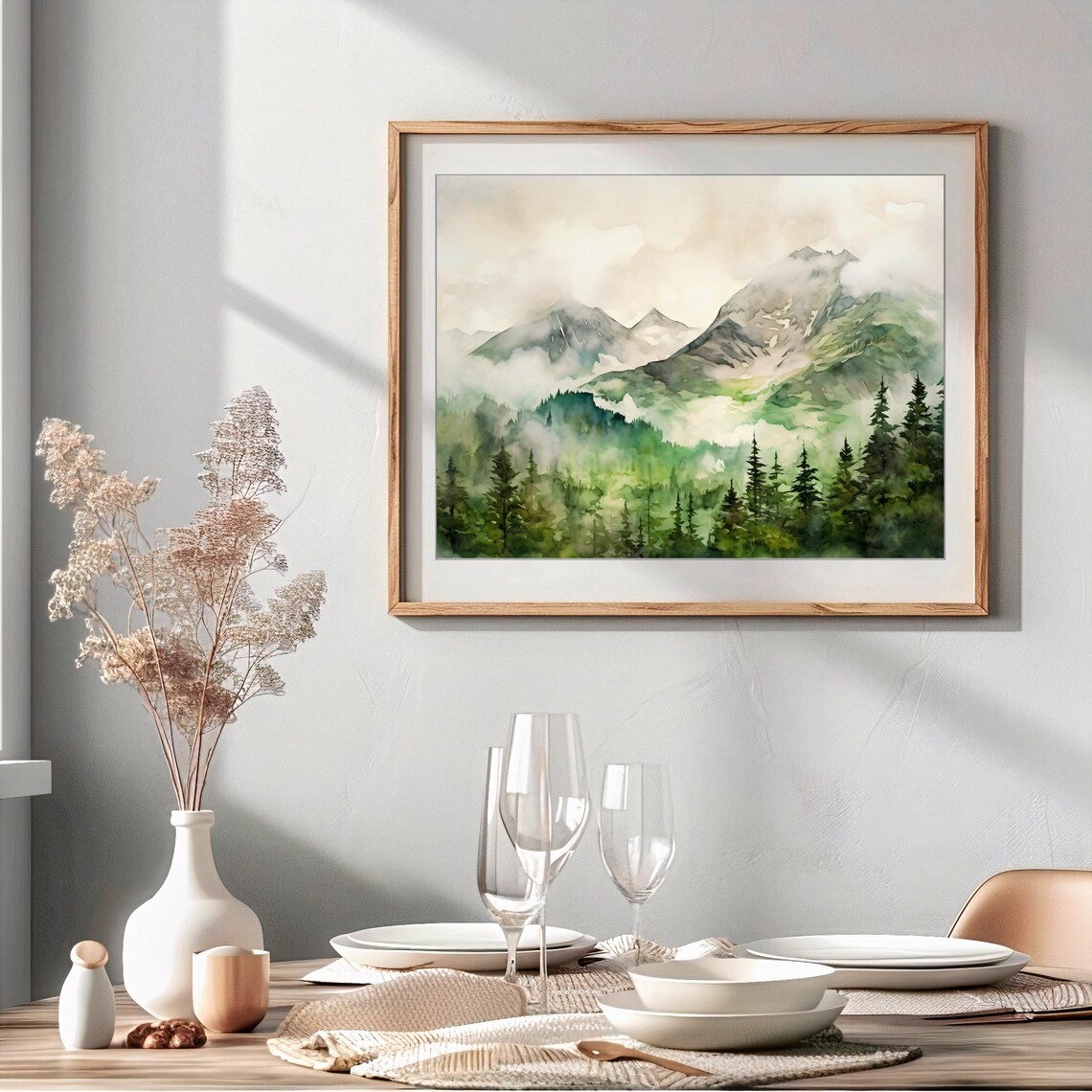 Foggy Mountain Forest Green Mist Watercolor Nature Art Poster - Image 3