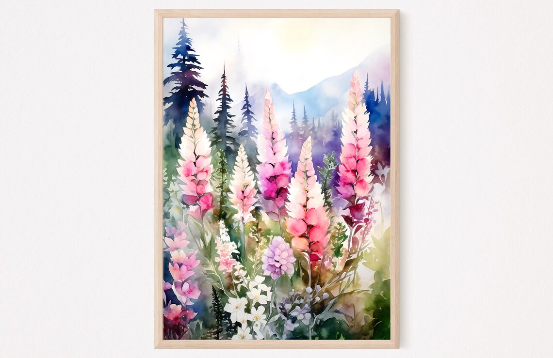 Pink Lupines Wildflowers Mountain Forest Watercolor Landscape Poster