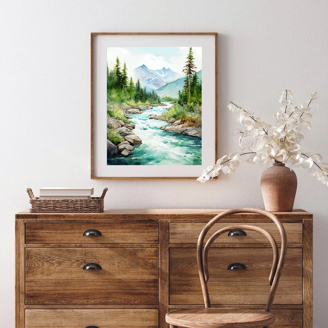 Mountain Stream Rapids Tall Pine Forest Watercolor Nature Poster - Image 3