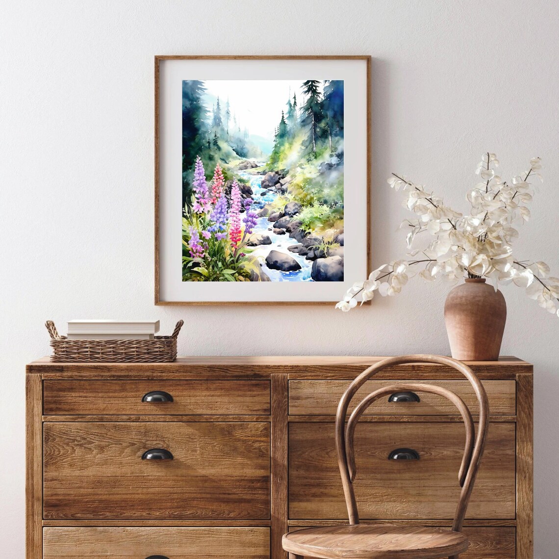 Forest Stream Pink Lupines Rocky Cascades Watercolor Art Poster - Image 3