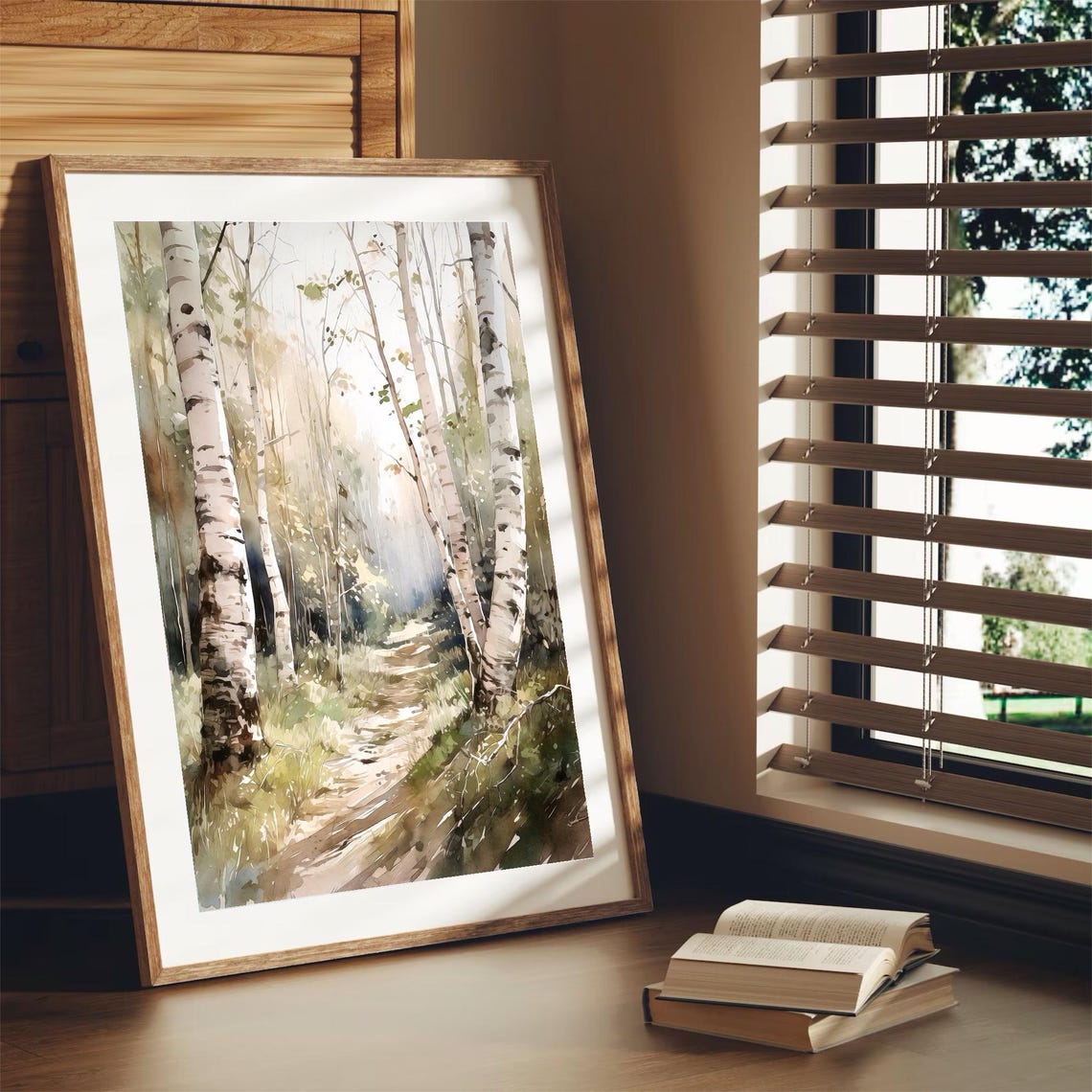 Birch Forest Path Misty Morning Light Serene Watercolor Poster - Image 2