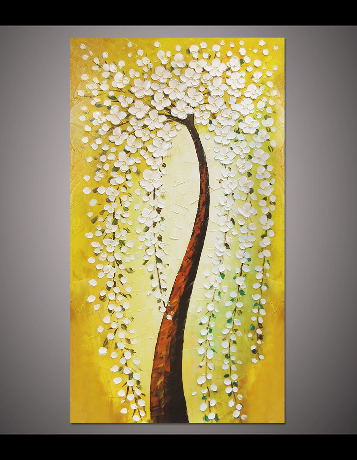 White Weeping Blossom Tree On Radiant Gold Canvas Oil Poster - Image 2