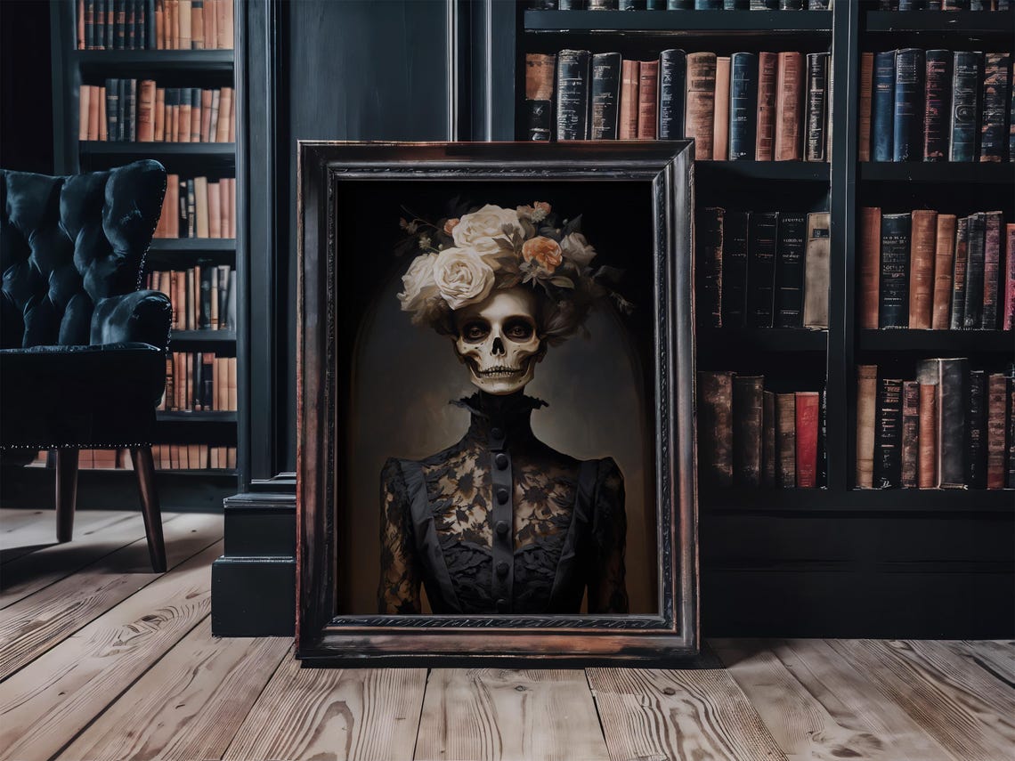 Skeleton Lady Portrait Flower Crown Black Lace Victorian Goth Print - Image 3