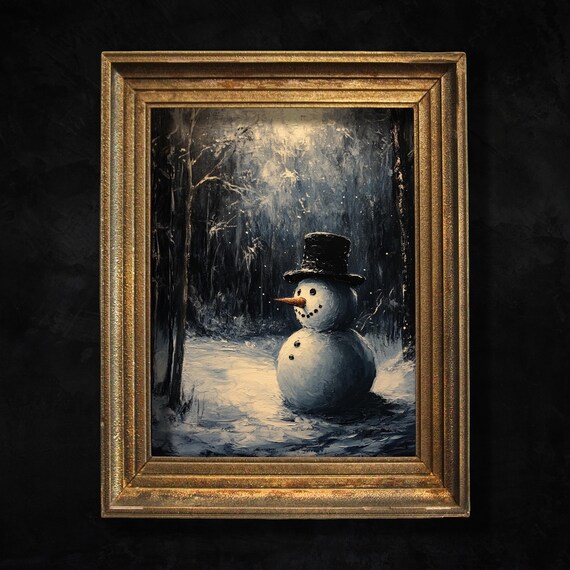 Snowman At Night Moody Christmas Wall Art Winter Decor Snowy Landscape Cottagecore Print