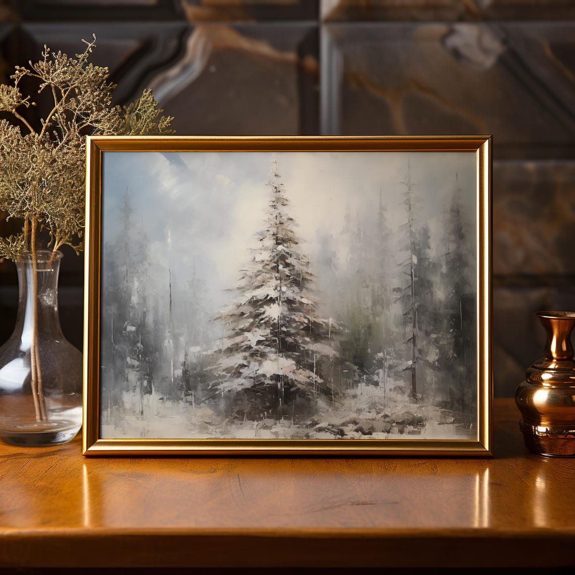 Snow Covered Pine Trees Misty Forest Serene Winter Landscape Print - Image 2