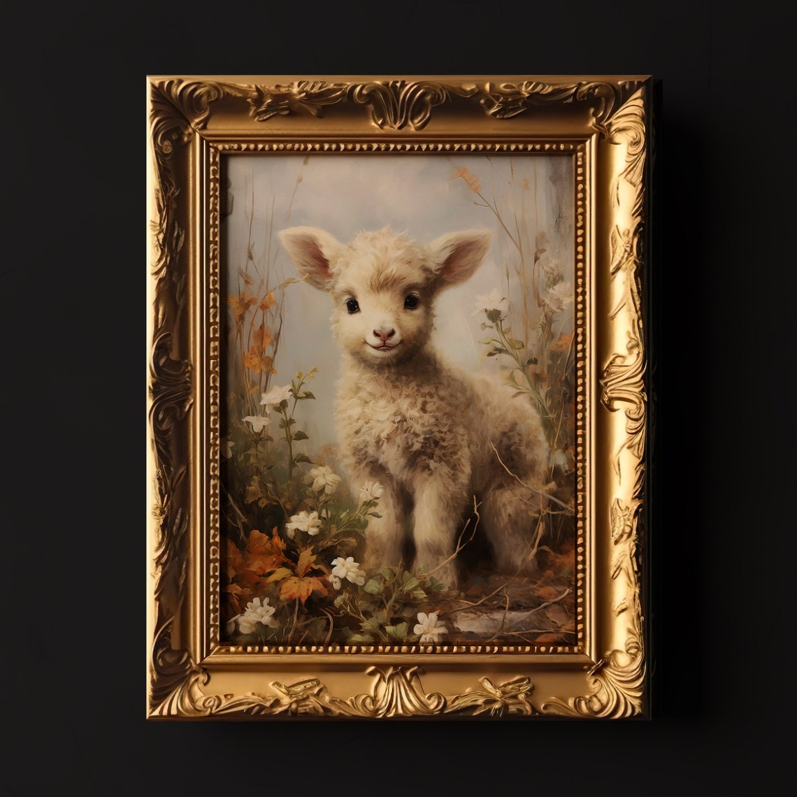 Smiling Lamb In Autumn Flower Meadow Rustic Easter Nursery Print