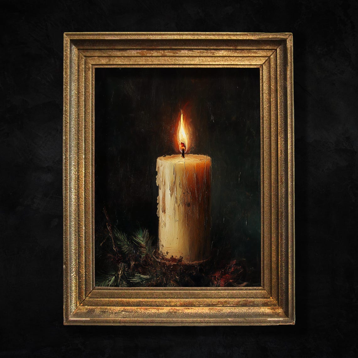 Glowing Candle In Darkness Vintage Still Life Warm Light Print