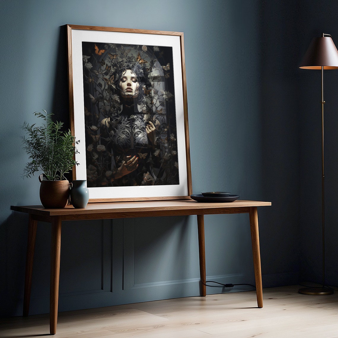 Dark Gothic Woman Portrait Butterflies Lace Dress Victorian Print - Image 3