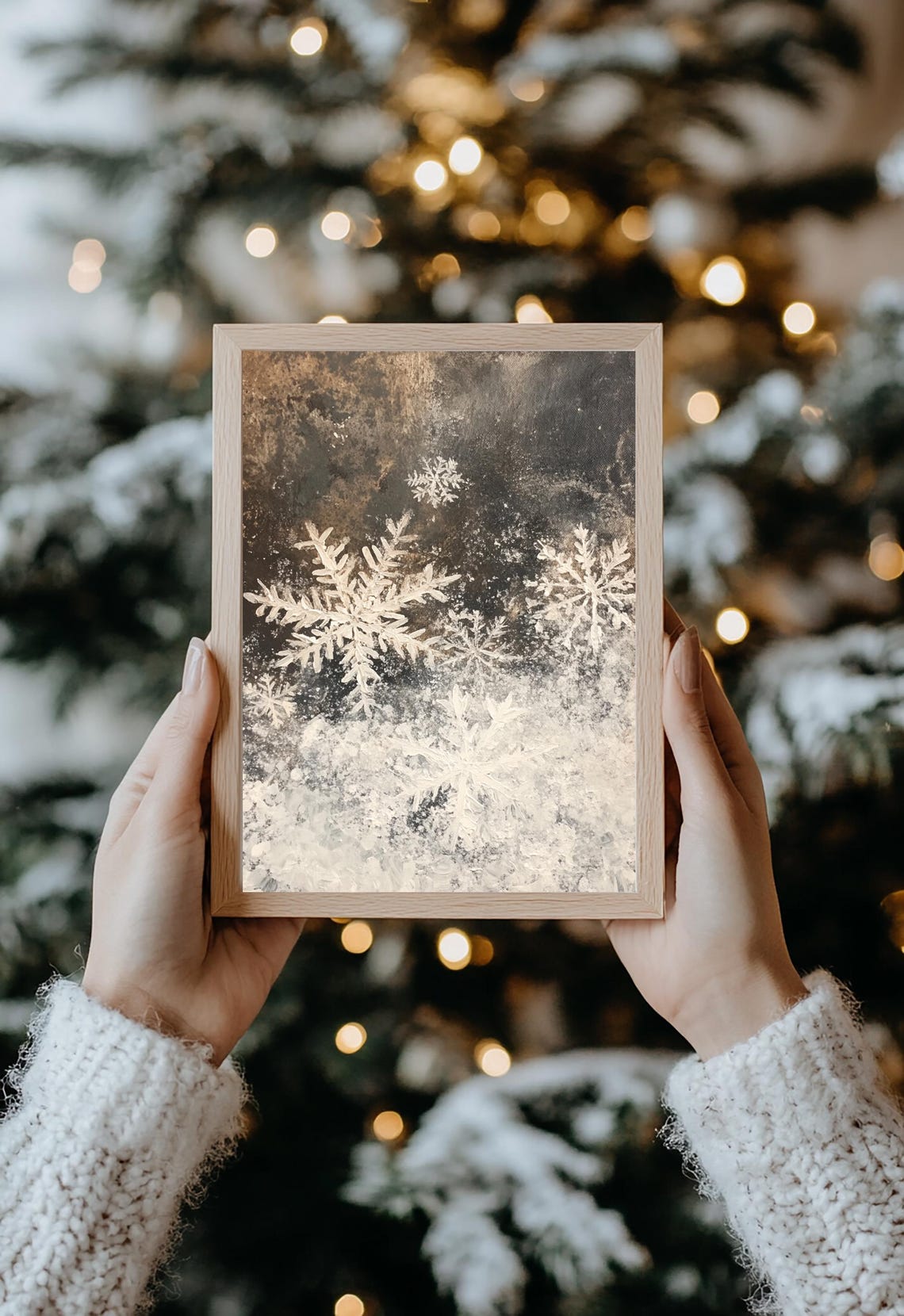 Delicate White Snowflakes Moody Winter Night Christmas Art Poster - Image 2