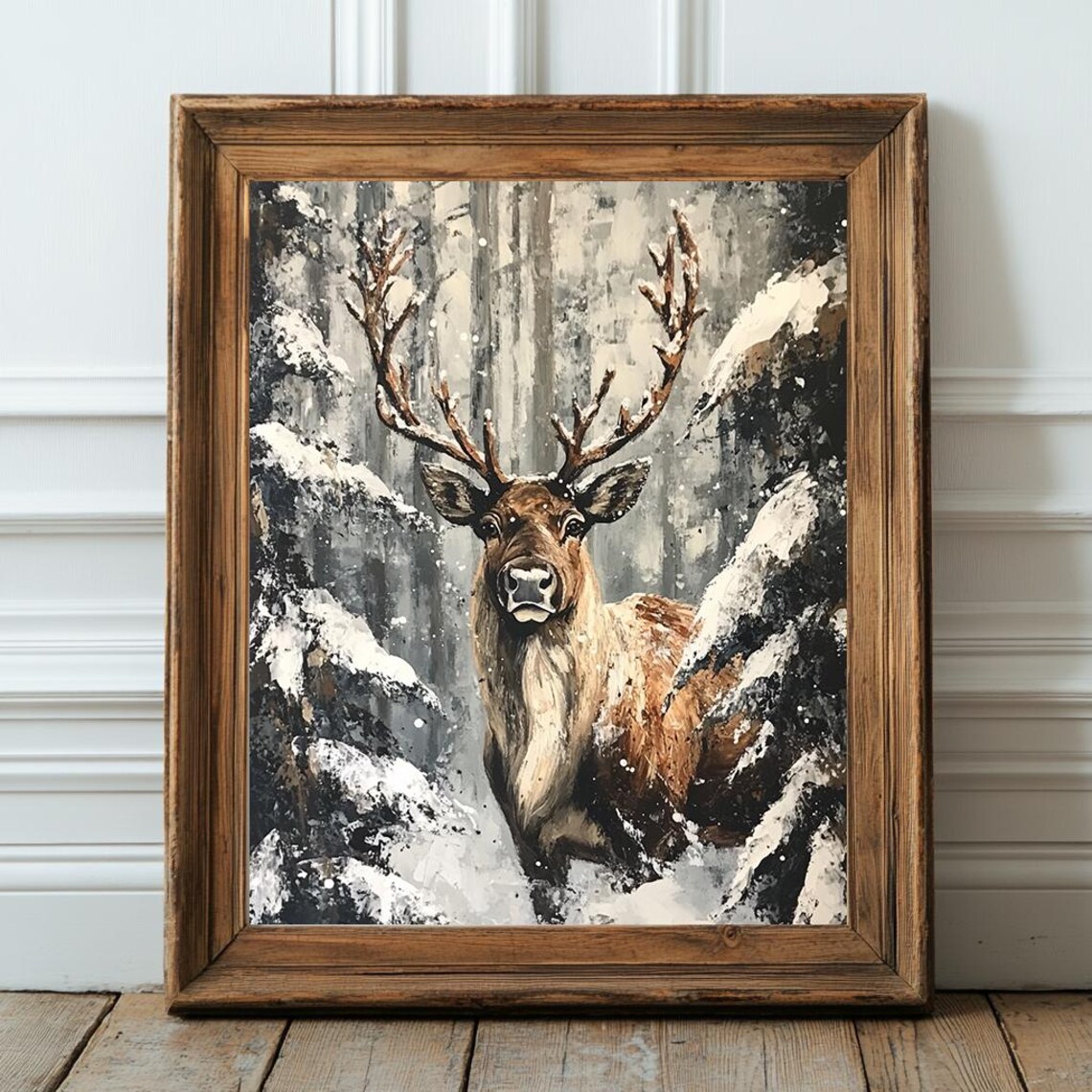 Majestic Stag In Snowy Winter Forest Moody Vintage Wildlife Poster - Image 3
