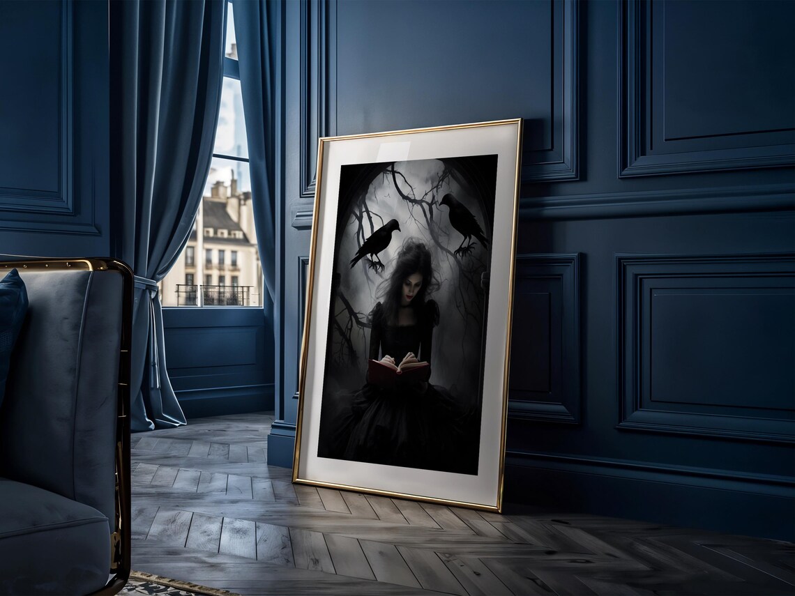 Gothic Woman Reading Book Crows Victorian Dark Romance Print - Image 2