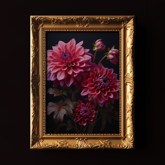Pink Dahlia Blooms Dark Background Moody Lush Crimson Floral Print
